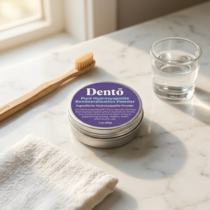 Dentō Hydroxyapatite Powder lifestyle photo showing the remineralizing tooth powder used as part of a daily oral care routine.
