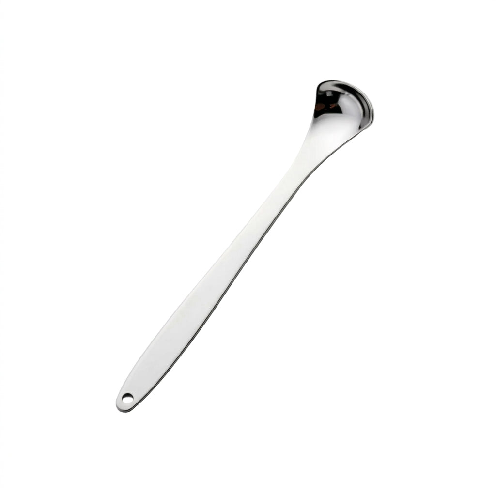A polished stainless steel ladle with a long handle and a wide, shallow bowl, shown diagonally on a solid white background.