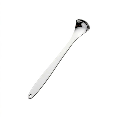 A polished stainless steel ladle with a long handle and a wide, shallow bowl, shown diagonally on a solid white background.