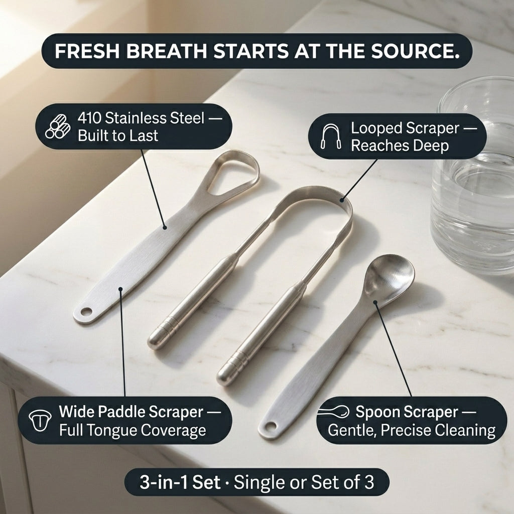 Three stainless steel oral scrubs and a spoon are arranged on a light marble surface with callout text describing features: 410 stainless steel, looped scraper reaching deep, wide paddle scraper with full tongue coverage, and spoon scraper gentle and precise cleaning.