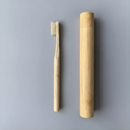 Boar Bristle Toothbrush — wholesale case packs, product photo on a white background, with travel case.