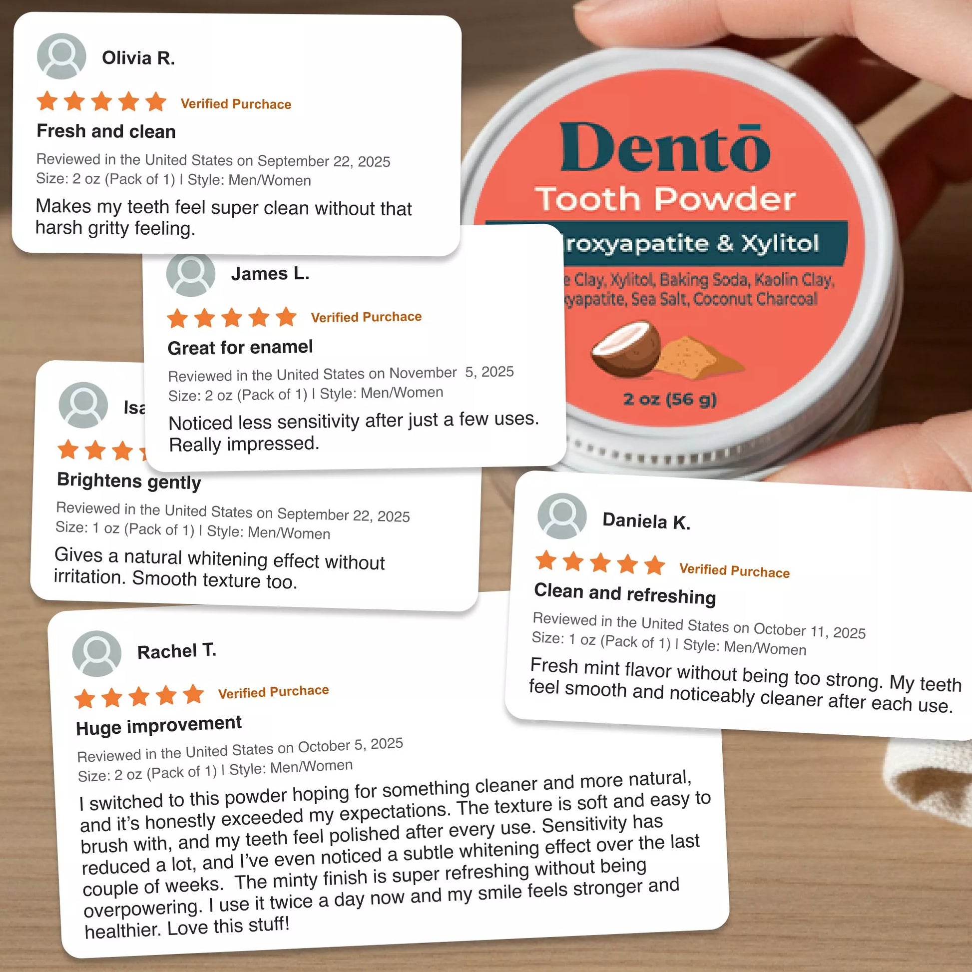 Remineralizing Tooth Powder — product photo on a white background, back view.