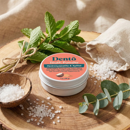 Remineralizing Tooth Powder — product photo on a white background, detail view.