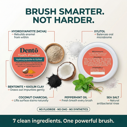 Remineralizing Tooth Powder — feature highlight showing key product details.