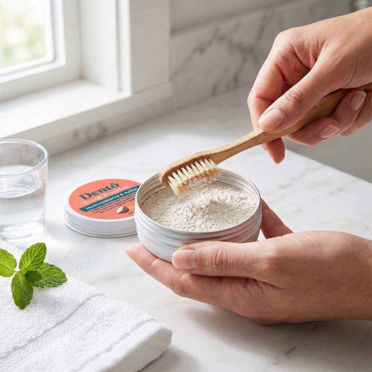 Remineralizing Tooth Powder — lifestyle photo showing the product in use.
