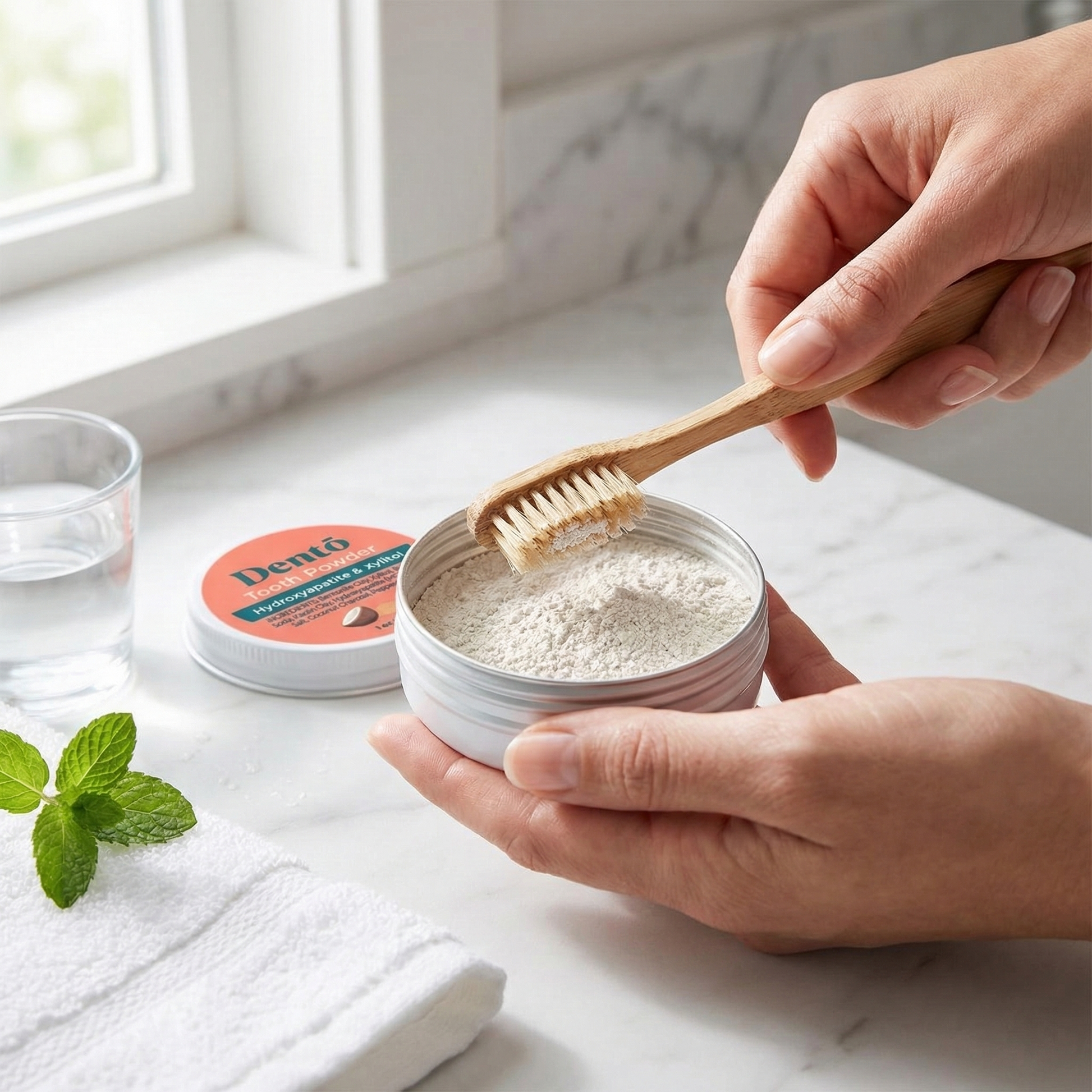 Remineralizing Tooth Powder — lifestyle photo showing the product in use.