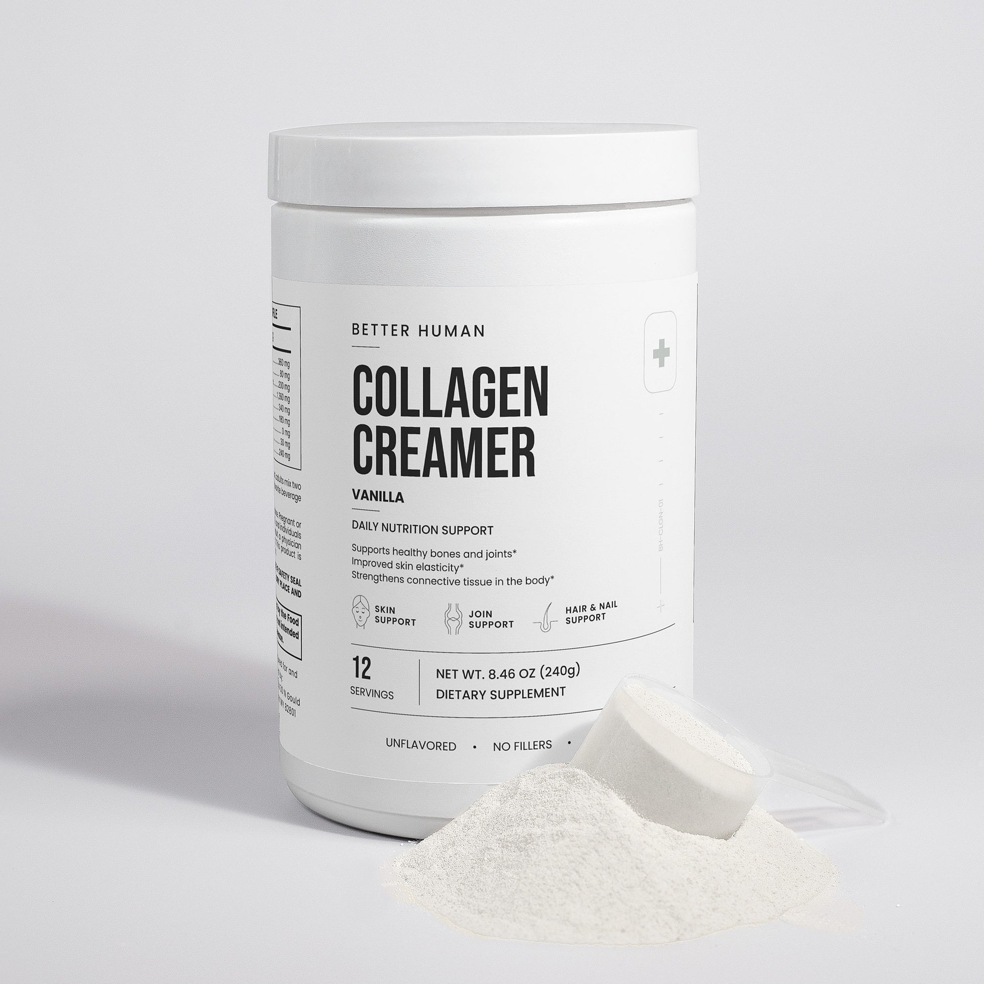 Grass-Fed Collagen Creamer — Vanilla, side view product photo on a white background.