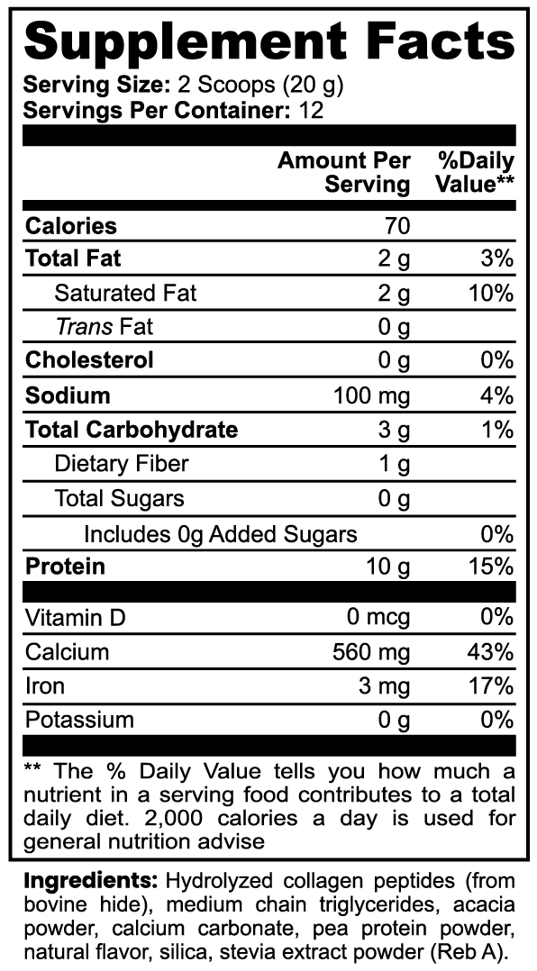 Grass-Fed Collagen Creamer — Vanilla, supplement facts panel close-up on a white background.