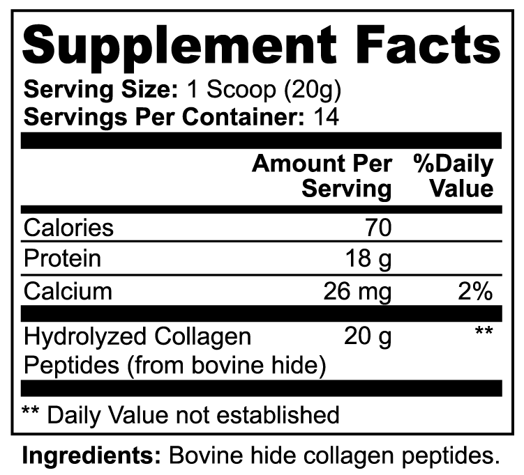 Grass-Fed Collagen Peptides — Unflavored, supplement facts panel close-up on a white background.