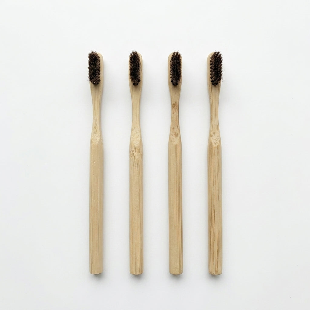 Horsehair Toothbrush 4-Pack — full set shown together, flatlay arrangement on a white background.