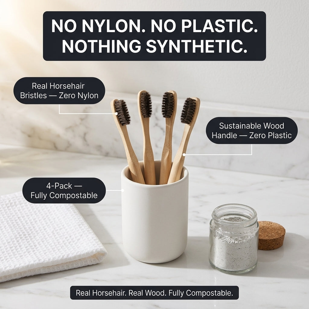 Horsehair Toothbrush — lifestyle photo showing brushes standing bristle-up in a ceramic cup.