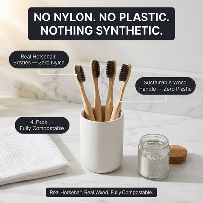 Horsehair Toothbrush — lifestyle photo showing brushes standing bristle-up in a ceramic cup.