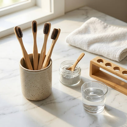 Horsehair Toothbrush — bamboo handles shown on a marble countertop, lifestyle photo.