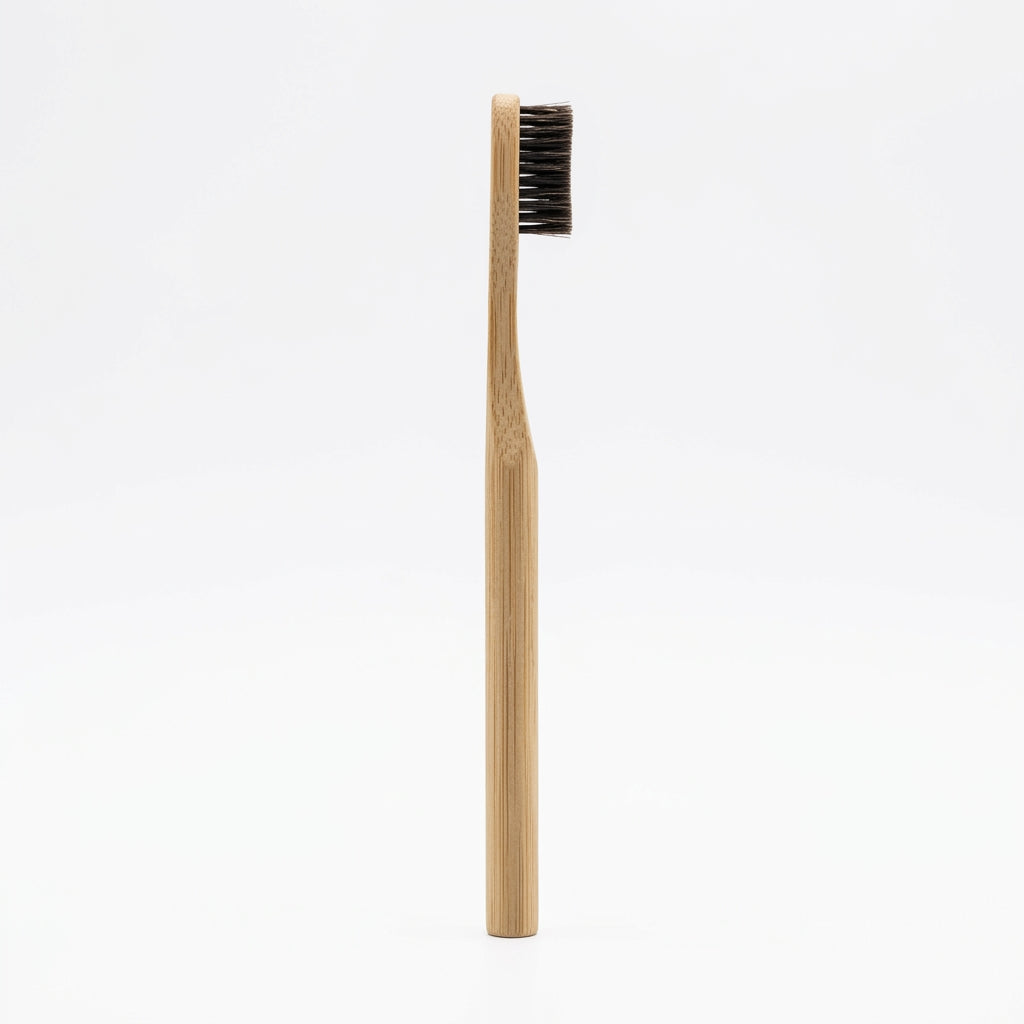 Horsehair Toothbrush — standing upright on a wooden surface, side view.