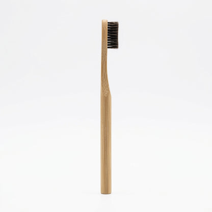 Horsehair Toothbrush — standing upright on a wooden surface, side view.