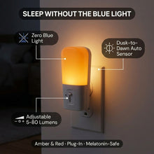 Amber & Red LED Night Light plugged into a wall outlet in a dark room with warm amber glow — callout highlighting zero blue light, dusk-to-dawn auto sensor, and adjustable 5-80 lumen brightness.