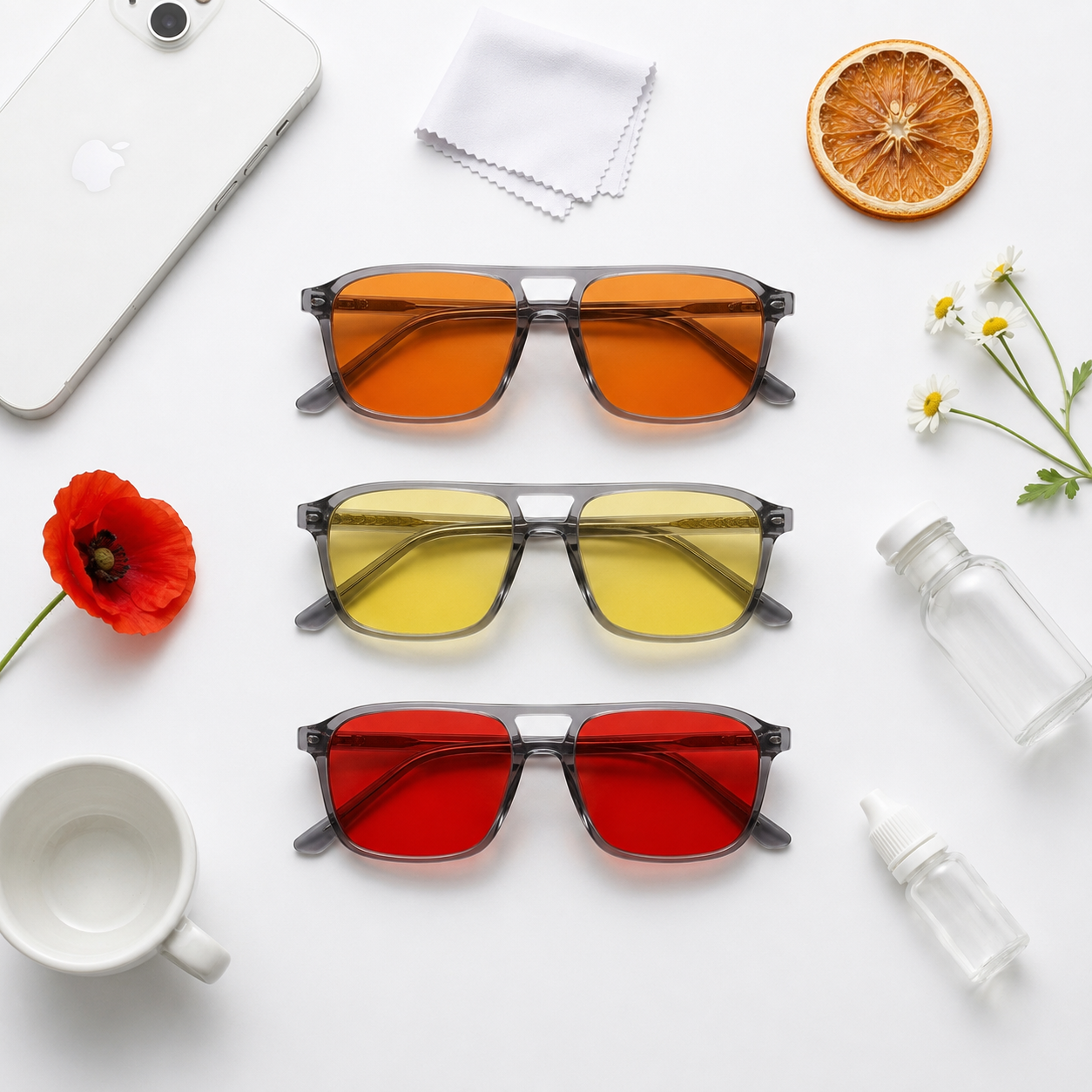 Blue Light Blocking Glasses — Atlas, full set shown together with all 3 lenses, alternate angle.