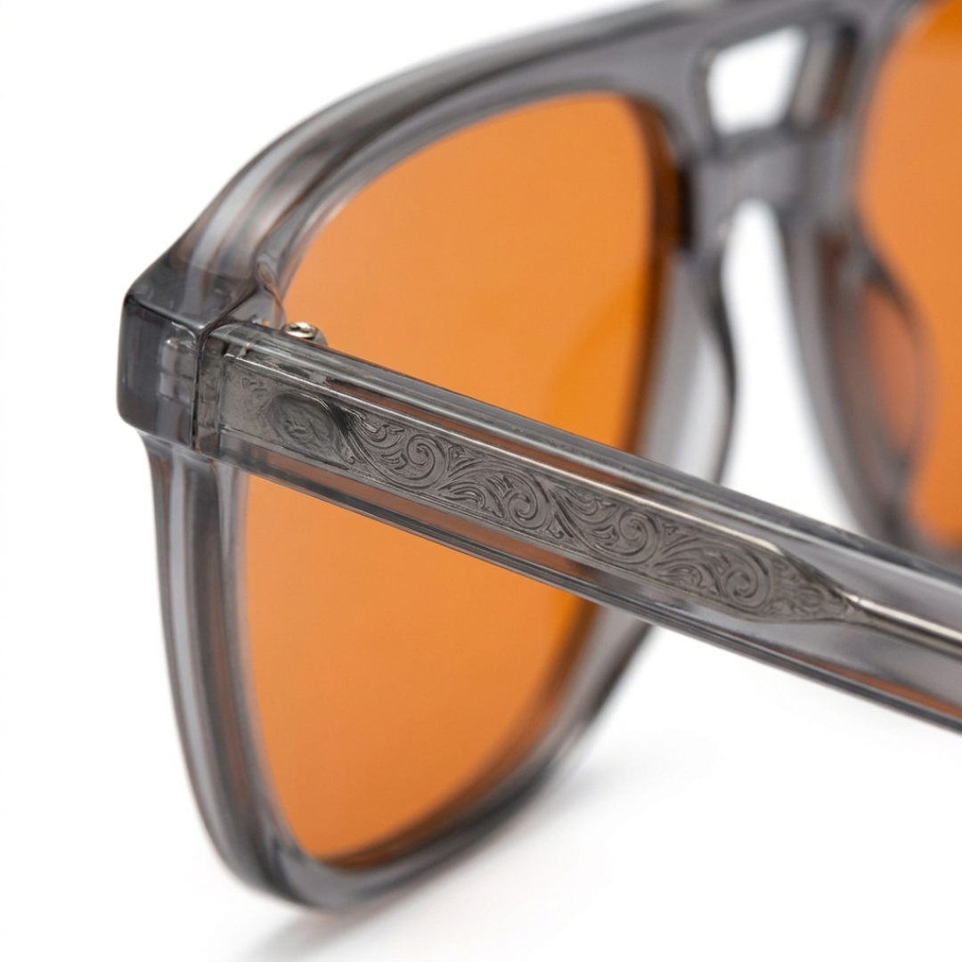 Blue Light Blocking Glasses — Atlas, Orange Lens, product photo on a white background, side view.