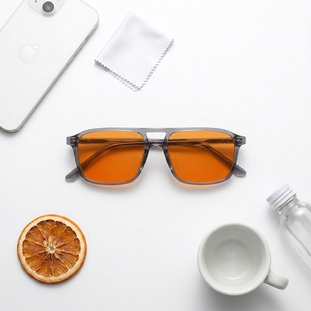 Blue Light Blocking Glasses — Atlas, Orange Lens, product photo on a white background, close-up view.