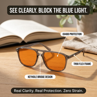 Blue Light Blocking Glasses — Atlas, Orange Lens, feature highlight showing key product details.