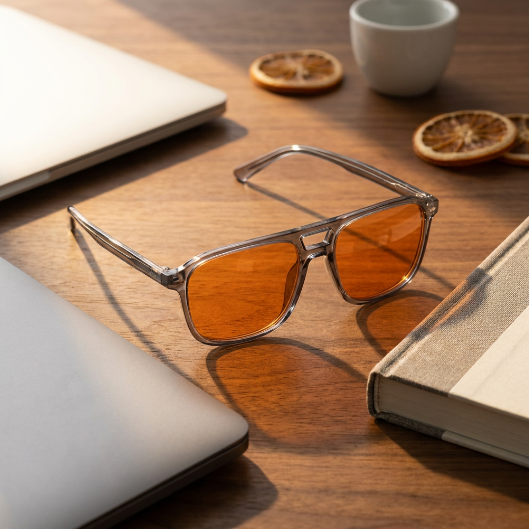 Blue Light Blocking Glasses — Atlas, Orange Lens, lifestyle photo showing the product in use.
