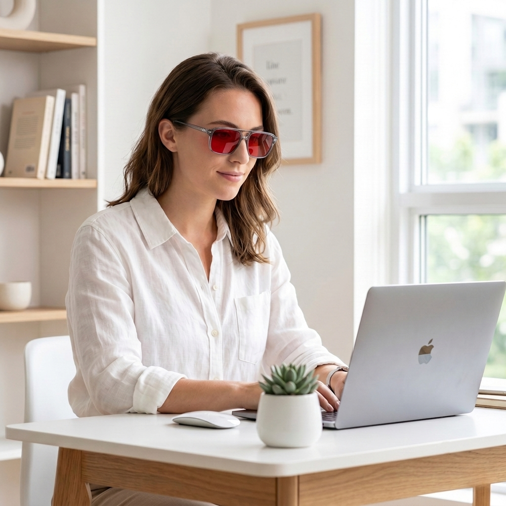 Blue Light Blocking Glasses — Atlas, Red Lens, product photo on a white background, front view.