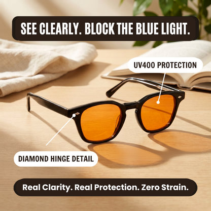 Blue Light Blocking Glasses — Dawn, Orange Lens, feature highlight showing key benefits.