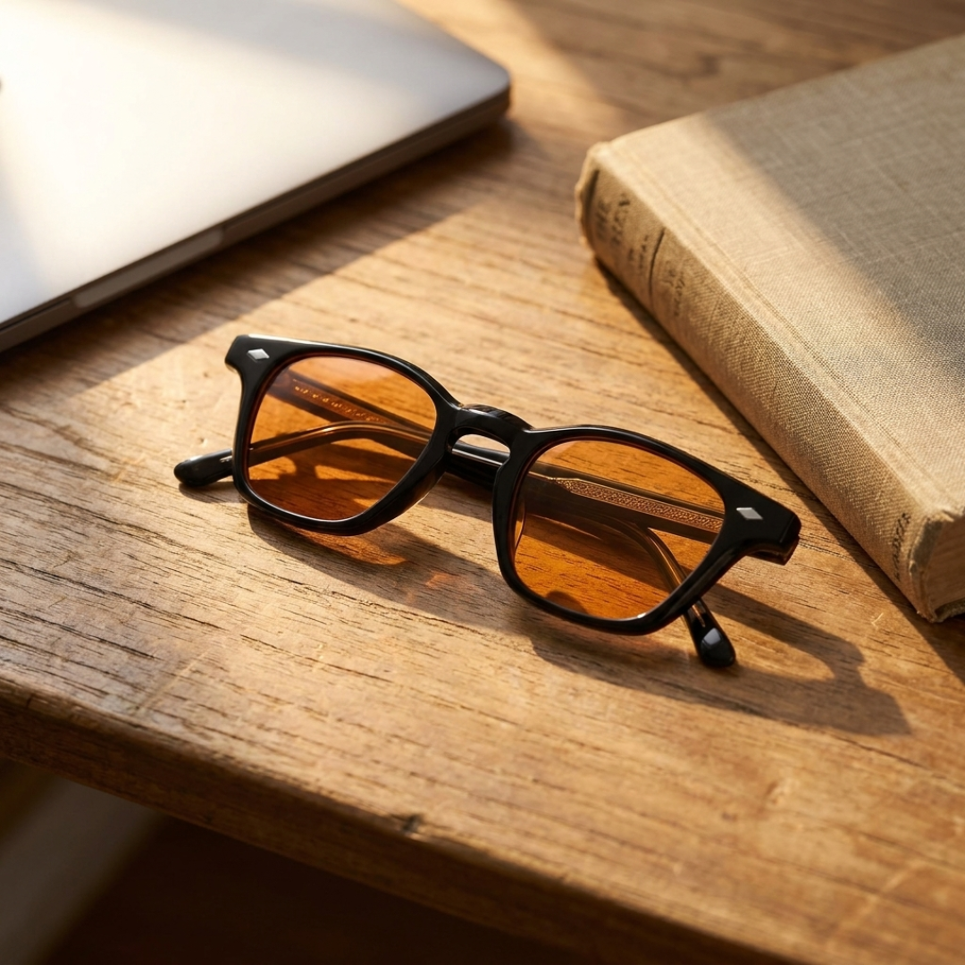 Blue Light Blocking Glasses — Dawn, Orange Lens, lifestyle photo showing the product in use.