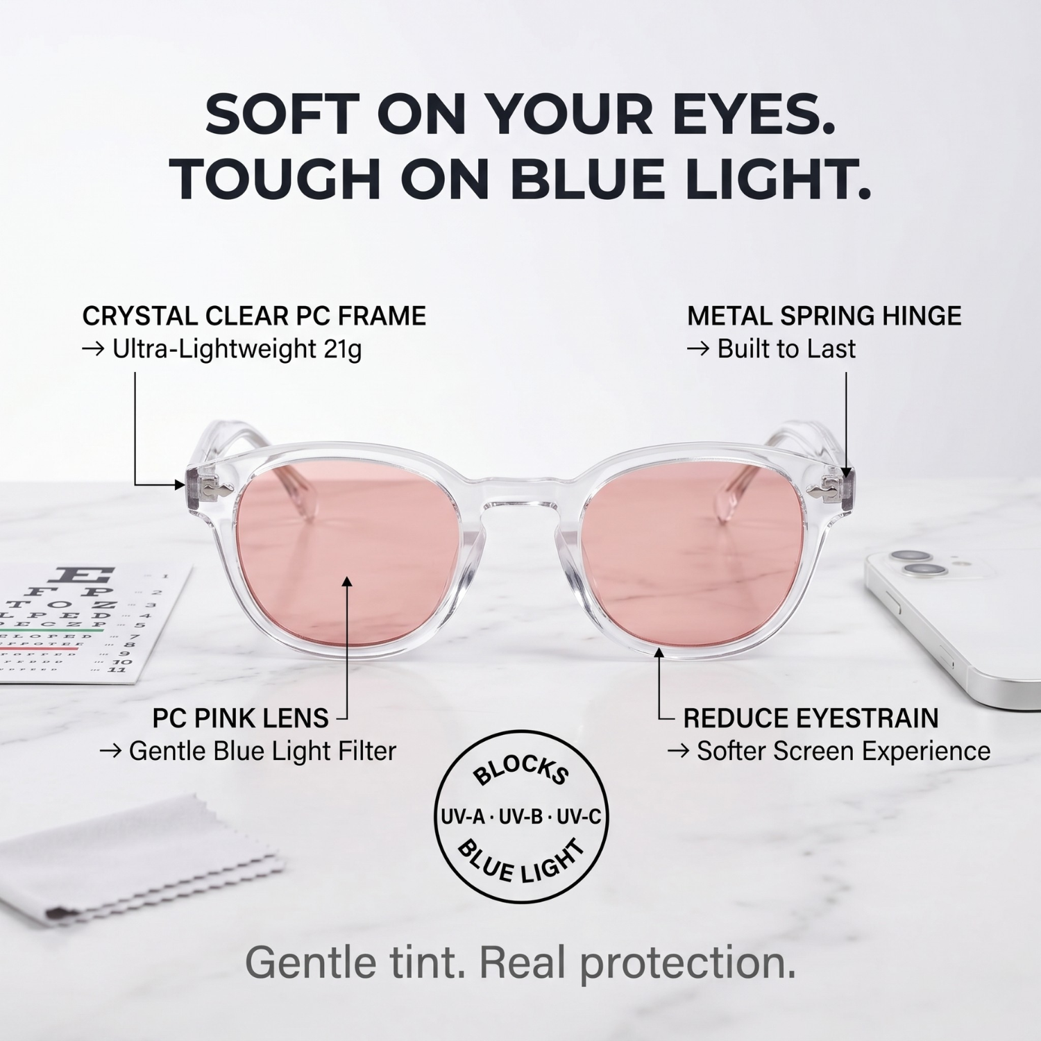 Blue Light Blocking Glasses — Lite, Orange Lens, feature highlight showing key product details.