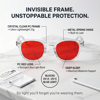 Blue Light Blocking Glasses — Lite, Red Lens, feature highlight showing key product details.