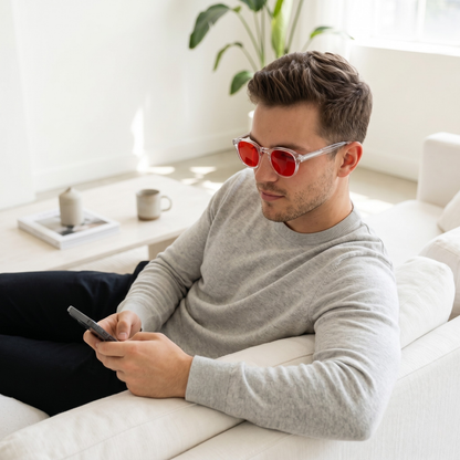 Blue Light Blocking Glasses — Lite, Red Lens, lifestyle photo showing the product in use.