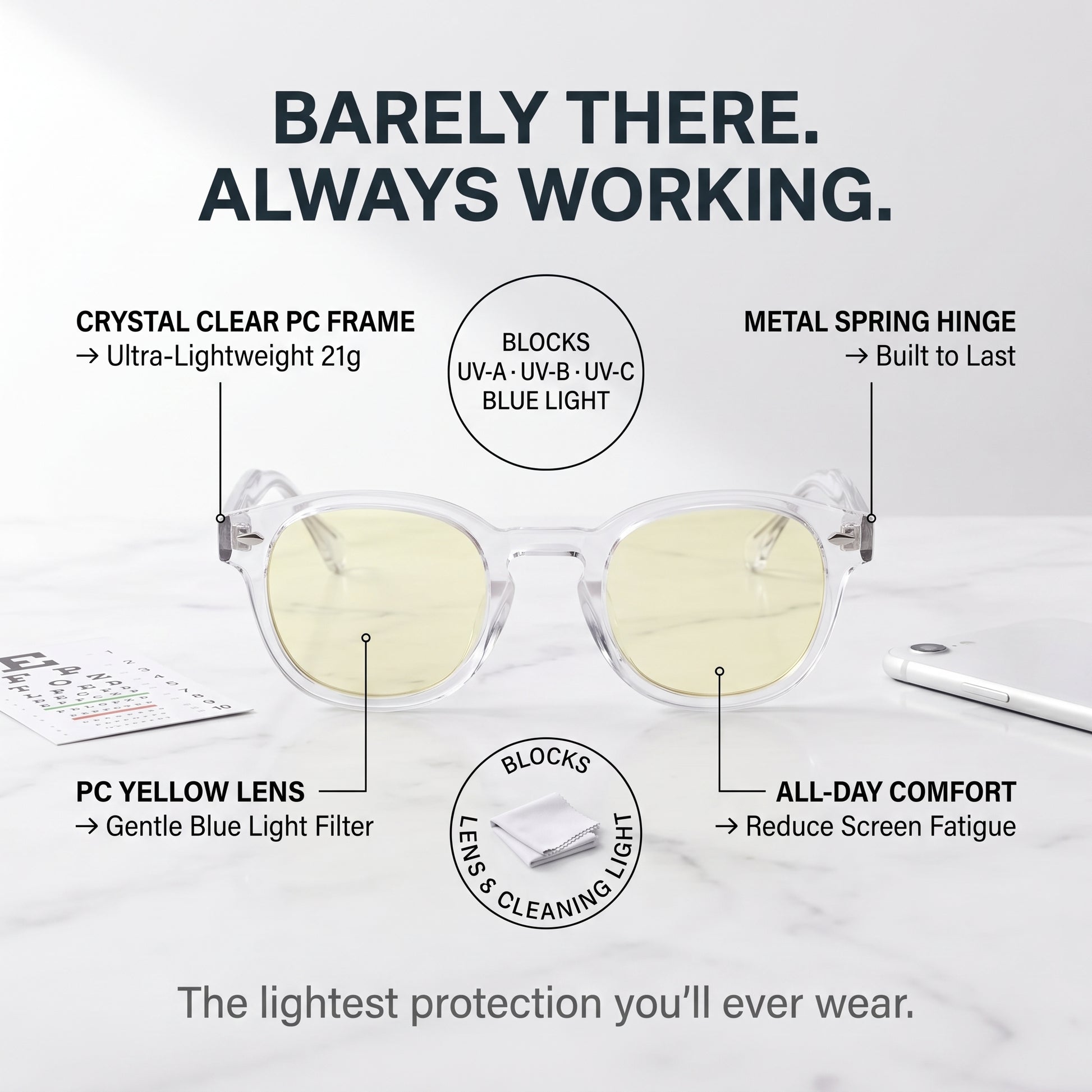 Blue Light Blocking Glasses — Lite, Yellow Lens, feature highlight showing key product details.