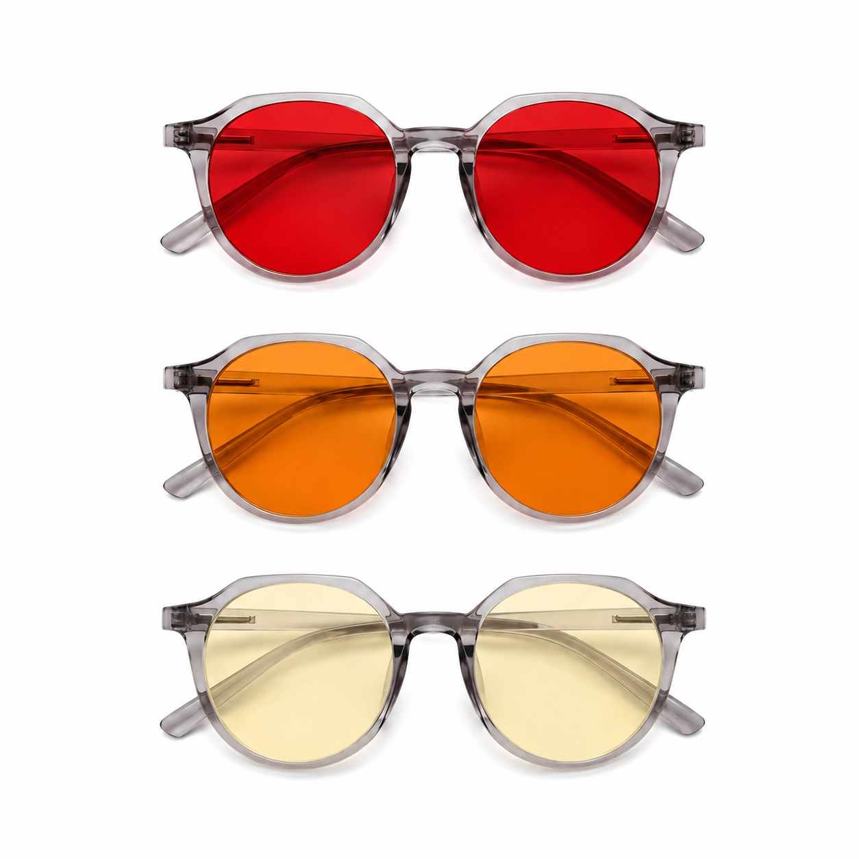 Blue Light Blocking Glasses — Luna, bundle with all 3 lenses, alternate angle photo on a white background.