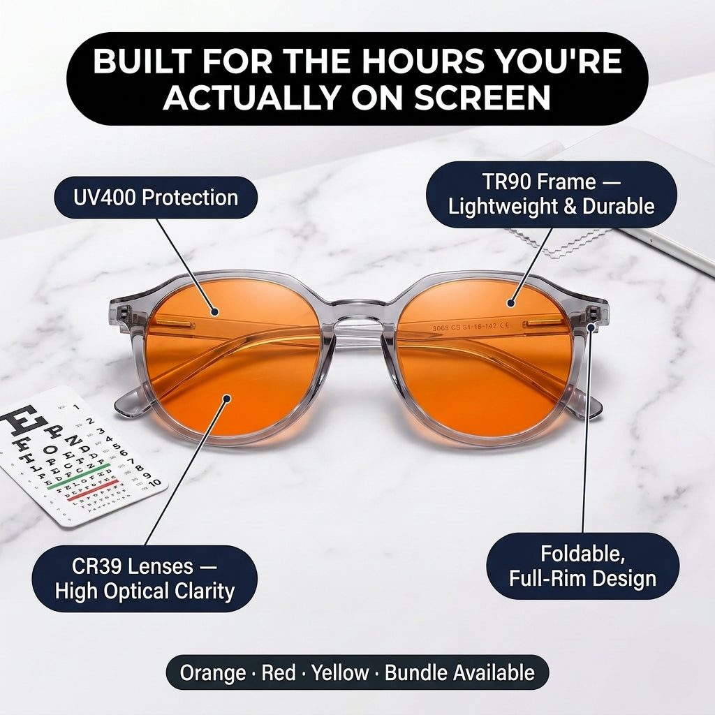 A pair of round sunglasses with orange tinted lenses and a translucent gray frame, shown on a white marble background with callout labels explaining features like UV400 protection, CR39 lenses, TR90 frame, and foldable full-rim design.