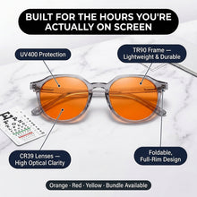 A pair of round sunglasses with orange tinted lenses and a translucent gray frame, shown on a white marble background with callout labels explaining features like UV400 protection, CR39 lenses, TR90 frame, and foldable full-rim design.