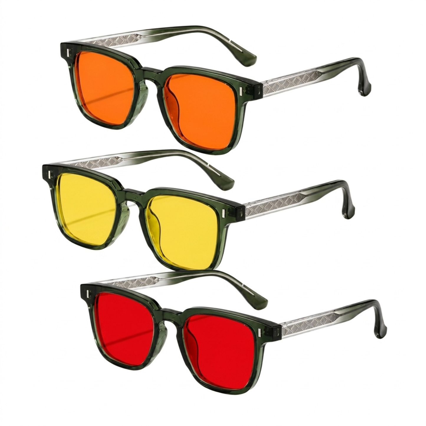 Litez Retro Green Blue Light Blocking Glasses — 3-Lens Daily Bundle shown together with Orange, Yellow and Red lenses.