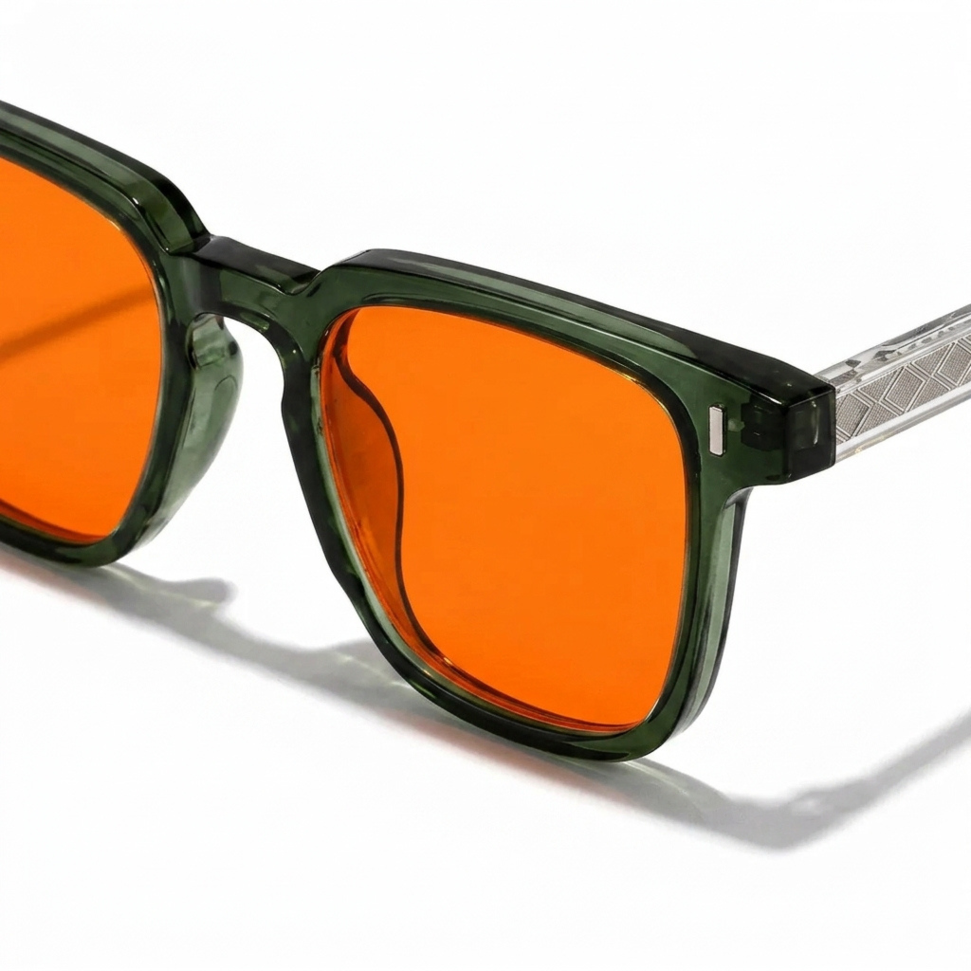 Litez Retro Green Blue Light Blocking Glasses — close-up detail view of the transparent green frame.