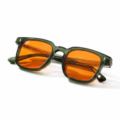 Litez Retro Green Blue Light Blocking Glasses — close-up view of the frame hinge and temple.
