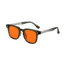Litez Retro Green Blue Light Blocking Glasses — Transparent Green frame with Orange lens, product photo on a white background.