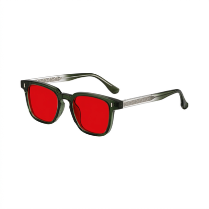 Litez Retro Green Blue Light Blocking Glasses — Transparent Green frame with Red lens, product photo on a white background.