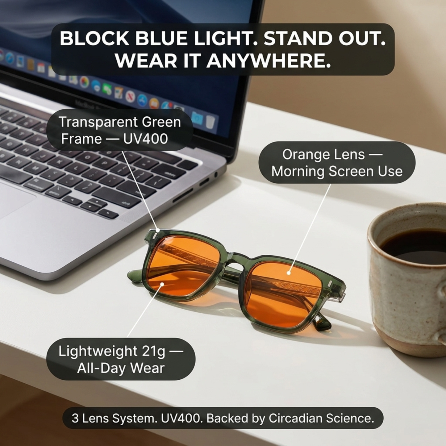 Litez Retro Green Blue Light Blocking Glasses — feature highlight callout showing UV400 and blue light blocking benefits.