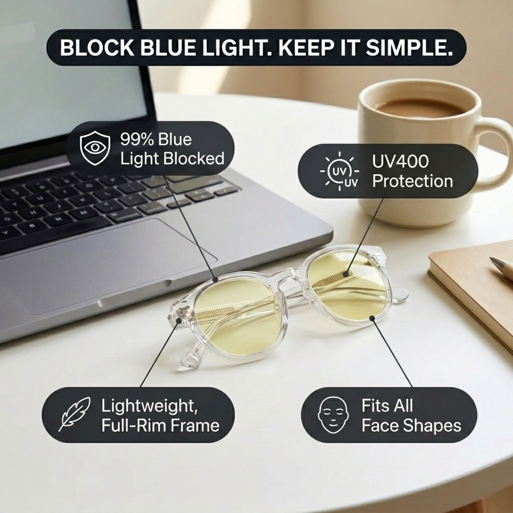 Litez Simple Blue Light Blocking Glasses — UV400, Clear Frame, 3 Lens Colors