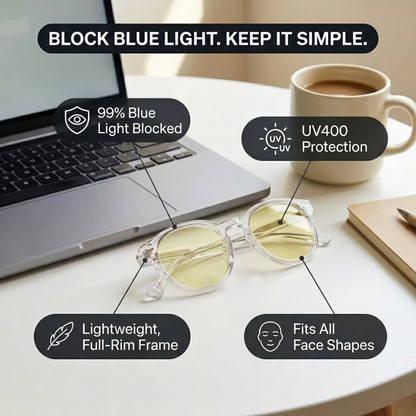 Litez Simple Blue Light Blocking Glasses — UV400, Clear Frame, 3 Lens Colors