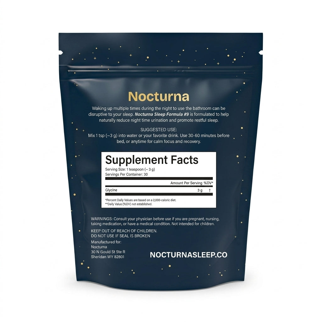 Nocturna Glycine Dreams Supplement Facts label — 3g pure glycine per serving, 60 servings per container, no other ingredients