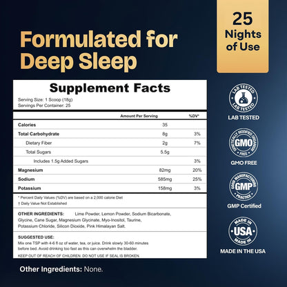 Nocturna Sleep Formula #9 Supplement Facts label — Astral Lemon, 25 servings, glycine, myo-inositol, creatine, taurine, magnesium, potassium, sea salt