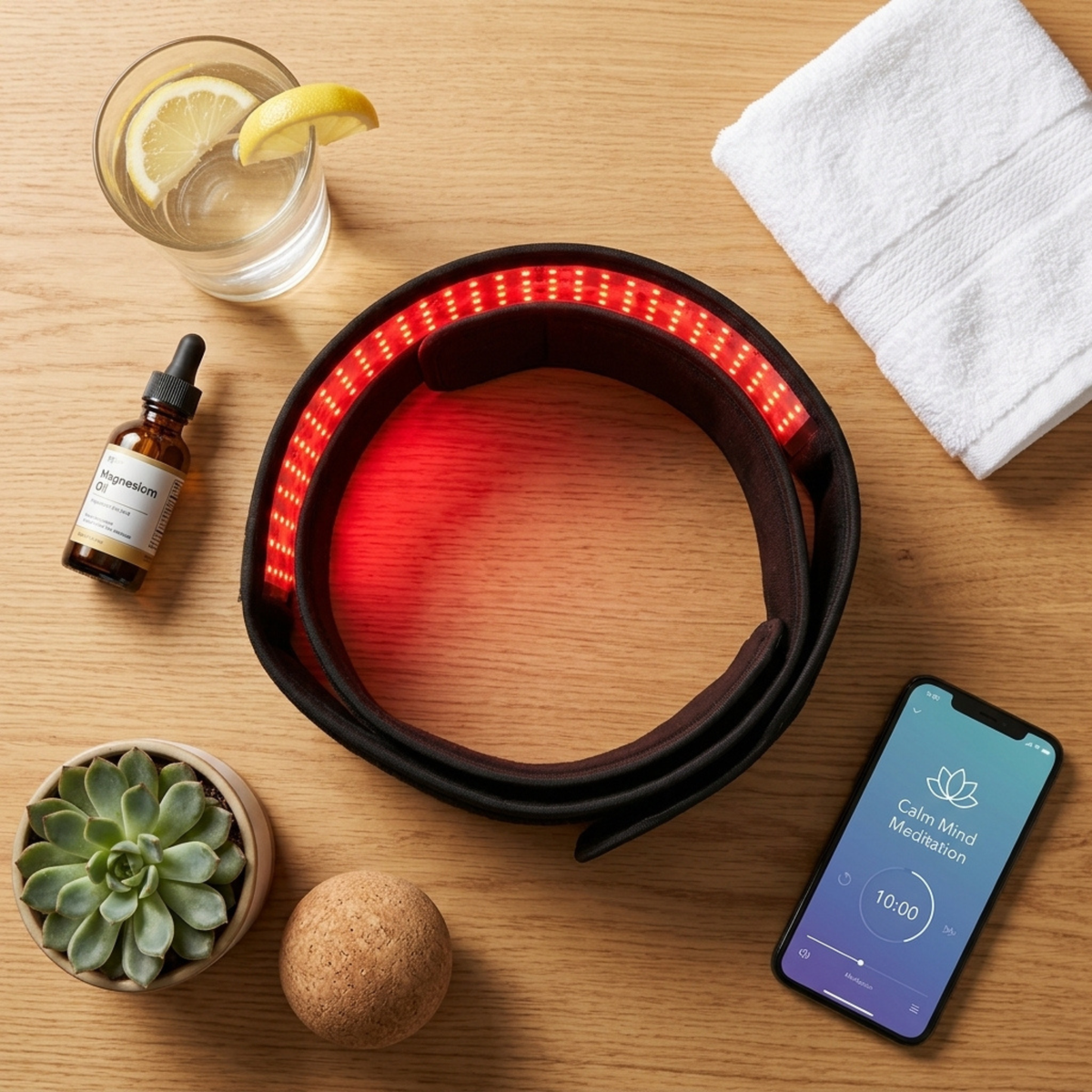 Red light therapy belt in a wellness lifestyle flat lay with towel and skincare accessories