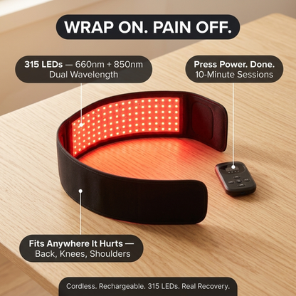 Red light therapy belt shown in a lifestyle setting with product callouts