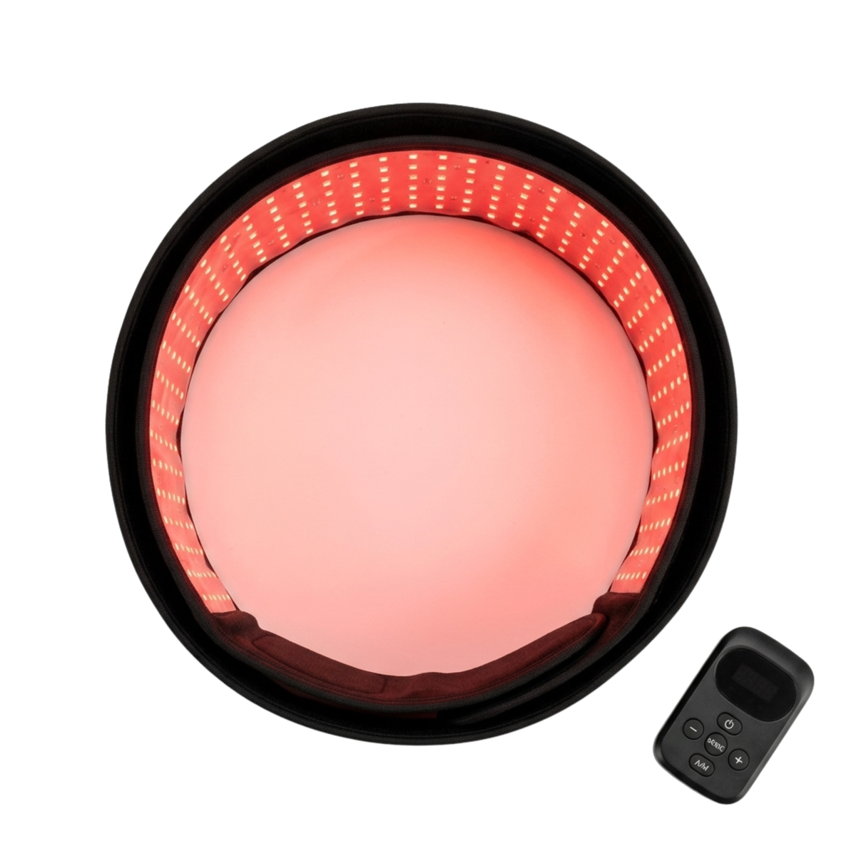 Top view of red light therapy belt with black frame and remote control on a white background