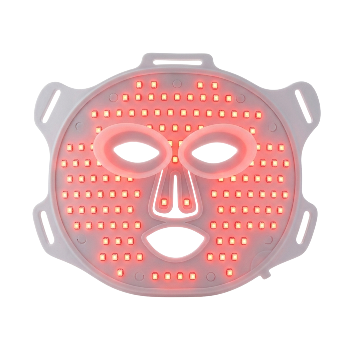 Therapy face mask with illuminated red LEDs on a white background