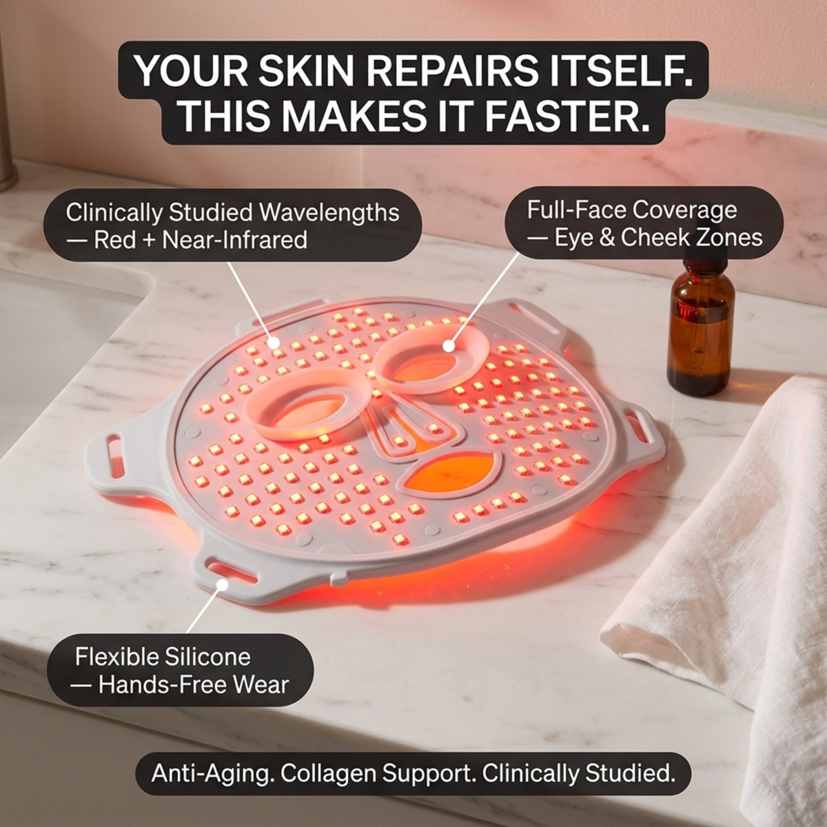 Red light therapy face mask shown in a skincare lifestyle setting with product callouts